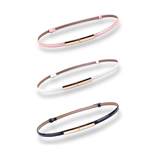 CaserBay Women's Belt Dress Fashion Patent Leather Belts Adjustable Skinny Slim Belt Genuine Leather Gold Color Buckle Waistband, 3-Pack, Black, White & Peach Pink - Image 1
