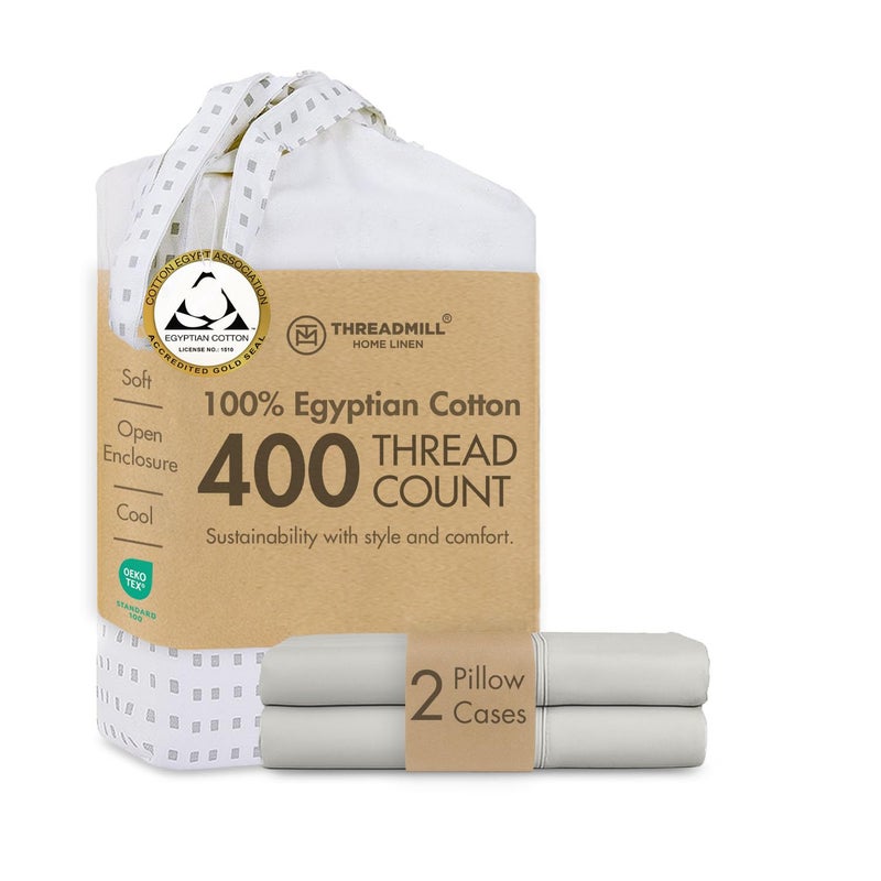 Threadmill King Pillowcases Certified 100 Egyptian Cotton 2 Piece Pillow Cover Set 400 Thread Count Sateen Weave Comfortable ELS Combed Cotton Solid Silver Soft Pillow Cases - Image 2