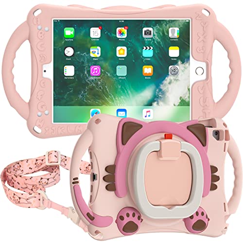 ProElite Tough Kids case Cover for Apple iPad 9.7" 2017 2018 5th Gen/6th Gen Air 1 Air 2 Pro 9.7 (A1893/A1954) with Rotating Kickstand & Shoulder Strap, Pink - Image 1