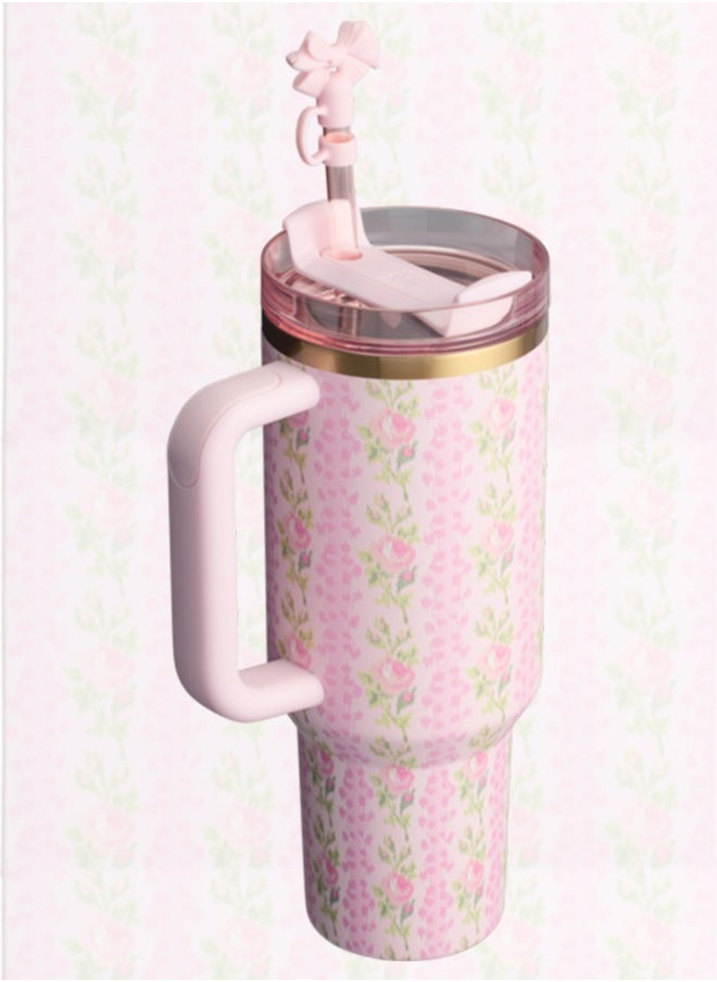 Stanley - Love Shack Fancy H2.0 Flow State 40oz Pink Rose Cortex Tumbler, Stainless Steel Vacuum Insulated Quencher with Lid, Straw, and Stopper, Ideal for Water and Iced Tea, Keeps Drinks Cold, Presented in Elegant Gift-Ready Packaging - Image 1