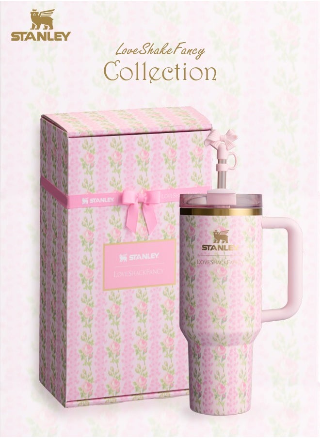 Stanley - Love Shack Fancy H2.0 Flow State 40oz Pink Rose Cortex Tumbler, Stainless Steel Vacuum Insulated Quencher with Lid, Straw, and Stopper, Ideal for Water and Iced Tea, Keeps Drinks Cold, Presented in Elegant Gift-Ready Packaging - Image 1