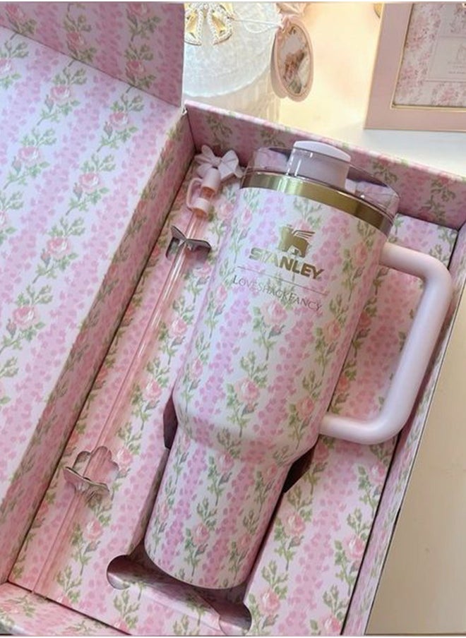 Stanley - Love Shack Fancy H2.0 Flow State 40oz Pink Rose Cortex Tumbler, Stainless Steel Vacuum Insulated Quencher with Lid, Straw, and Stopper, Ideal for Water and Iced Tea, Keeps Drinks Cold, Presented in Elegant Gift-Ready Packaging - Image 1