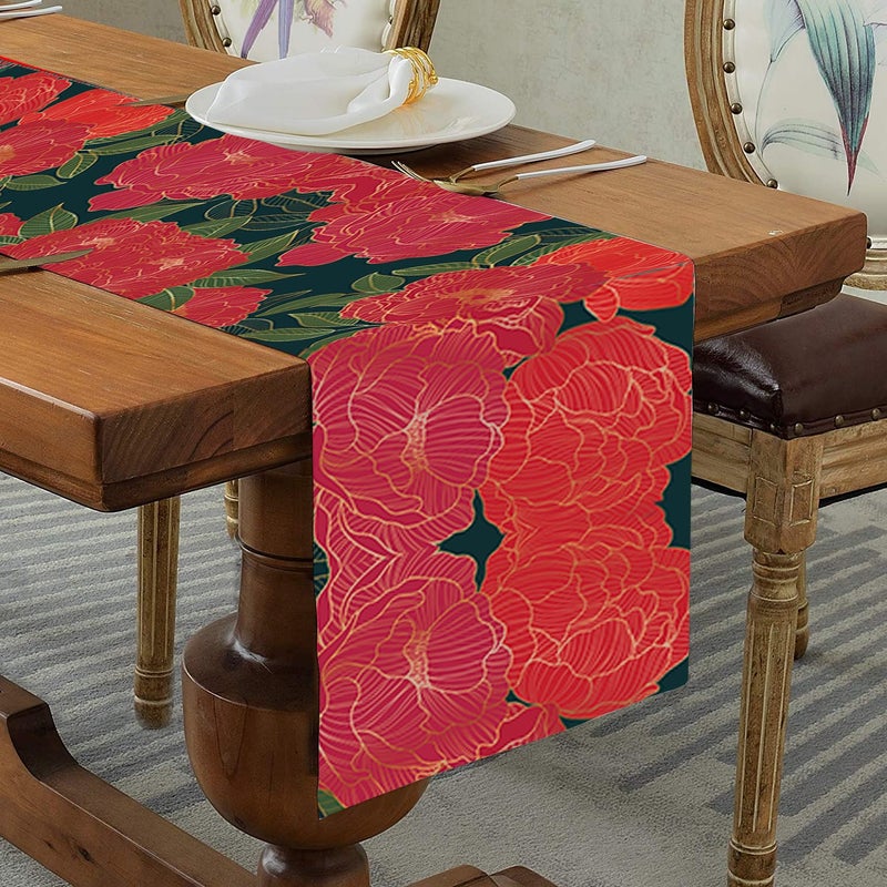 homewards Digitally Printed Red and Green Peony Flower Table Runner Size 13X72 inches