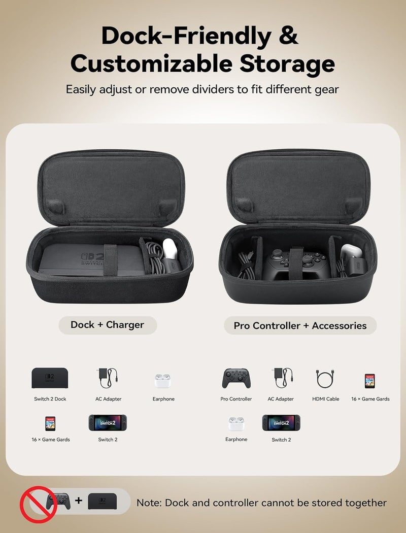 jsaux Carrying Case Compatible with Nintendo Switch 2, Fits Dock and Accessories, Double-decker Travel Storage Bag with 16 Game Card Slots, Hard EVA Shockproof Protective System Case – Black - Image 2
