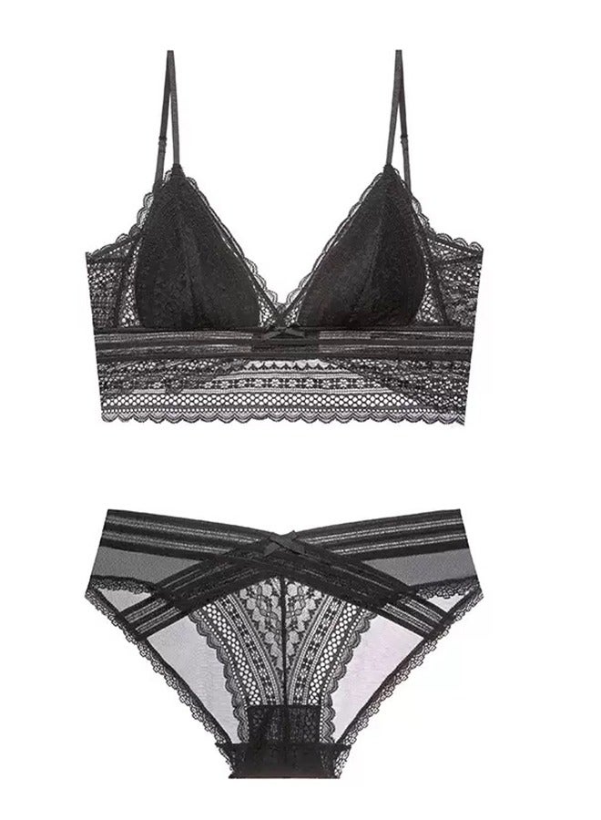 Comfy Solid Color Thin Cup Lace No Steel Ring Bras Panty Set Black Size XL 