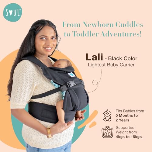 Soulslings 4-in-1 Lali Baby Carrier Bag, 100% Cotton - Black | Compact & Lightweight (400g) | Adjustable for 0-24 Months (4-15kg) | Machine Washable & Handwashable | Breastfeeding Friendly | - Image 2