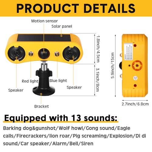 Qualirey Solar Outdoor Motion Sensor Alarm 2 x 129dB Loud Noise Maker 13 Sound Detector Strobe Light 4 Modes Animal Deterrent Dog Barking Alarm Mount on Ground or Fence for Garden Yard4 Pack - Image 3