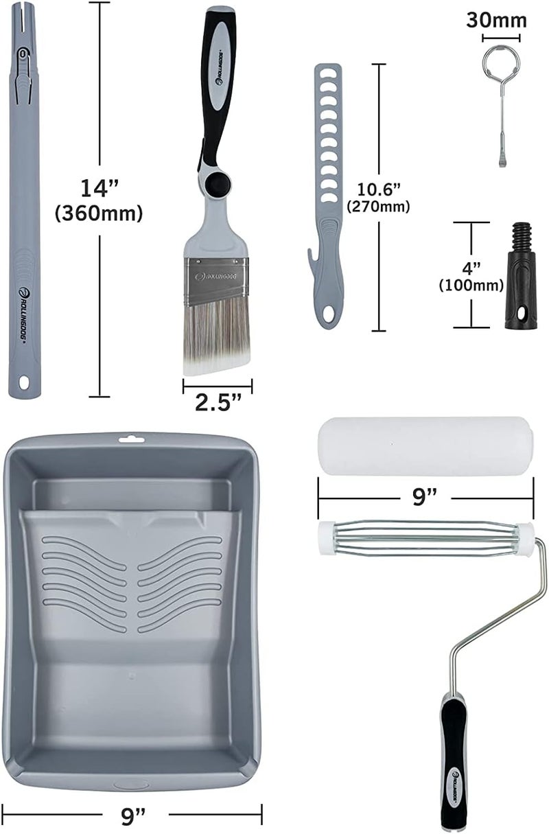 Rolling Dog 10 PC Paint Roller Kit-9 Inch Paint Rollers with Tray, Extendable Paint Brush, 9 Inch Paint Rolle Kit with Extension Pole for Wall, Ceiling House Painting - Image 2
