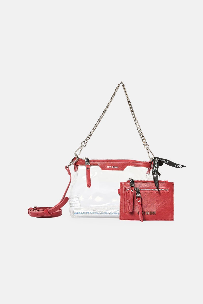 STEVE MADDEN حقيبة ساتشيل بشعار العلامة التجارية للنساء مع محفظة بطاقات، حمراء - Image 1