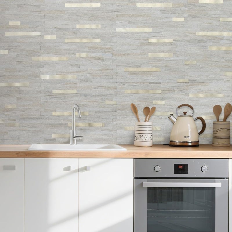 AULIGET Faux Stone Peel and Stick Backsplash, PVC Wall Tile Stick on Backsplash for Kitchen and Bathroom (2, Beige Marble Look) - Image 2