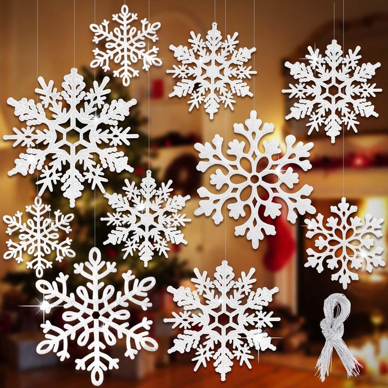 EIMMBD 8pcs Large Snowflakes Ornaments  Plastic Glitter Snowflakes Hanging  Snowflakes Decorations for Christmas Trees Window Door Indoor Outdoor Decorations Winter Decor (White) - Image 1