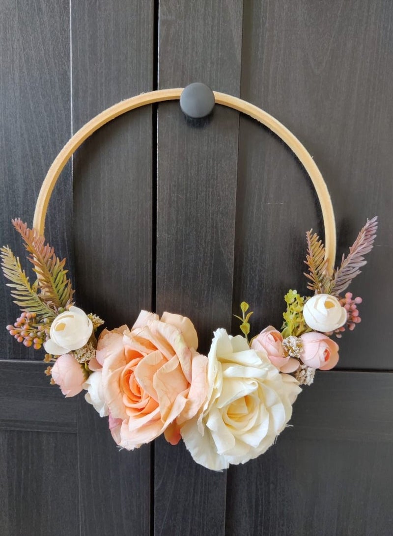 Generic Wall or door hanging. Artificial flowers on wooden ring, 30 cm diameter. 