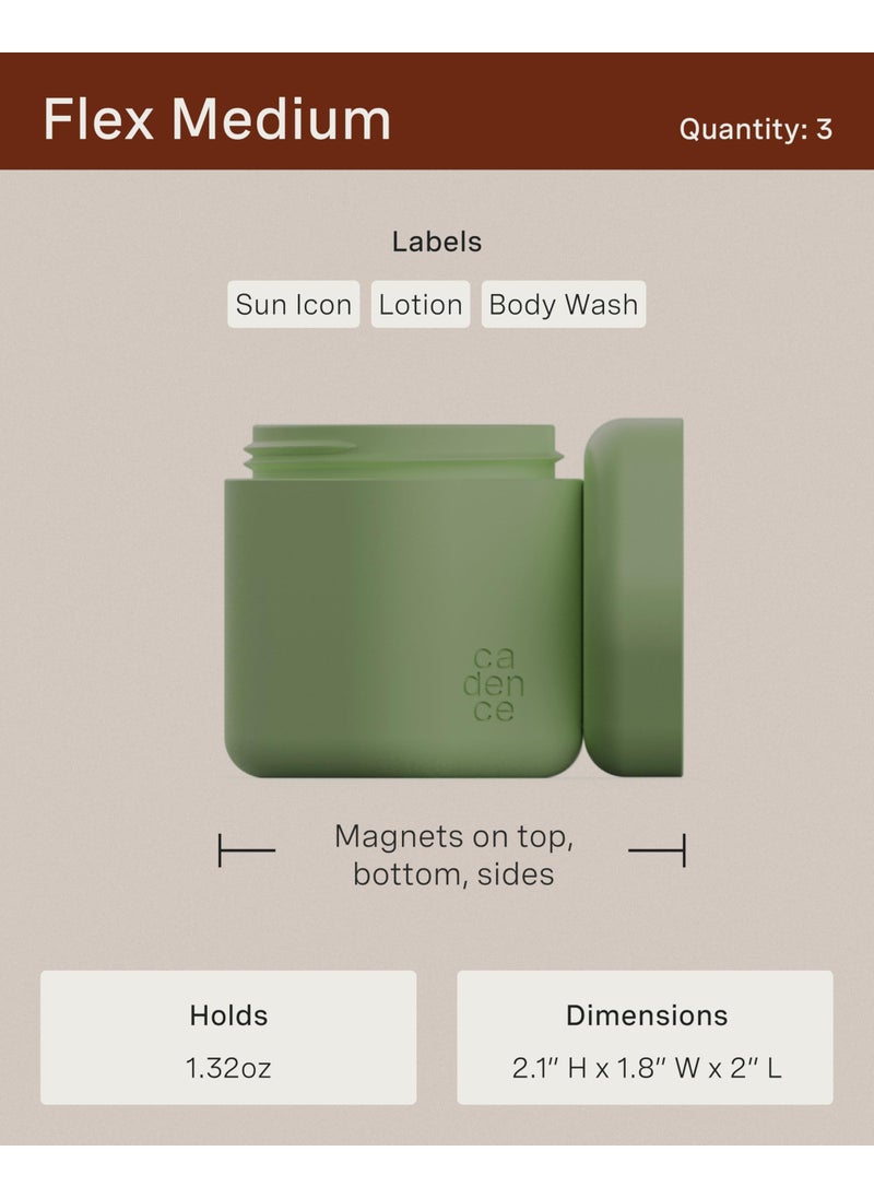 Cadence Cadence Travel Containers - Body Care Capsule Set - Magnetic Travel Capsules - For Body Wash, Lotions, Sunscreens - 3 Flex Mediums (1.32oz) with Body Wash, Lotion, & Sun Icon Labels - Sand  - Image 3