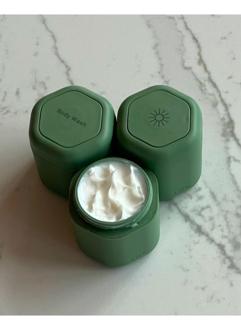 Cadence Cadence Travel Containers - Body Care Capsule Set - Magnetic Travel Capsules - For Body Wash, Lotions, Sunscreens - 3 Flex Mediums (1.32oz) with Body Wash, Lotion, & Sun Icon Labels - Sand  - Image 4