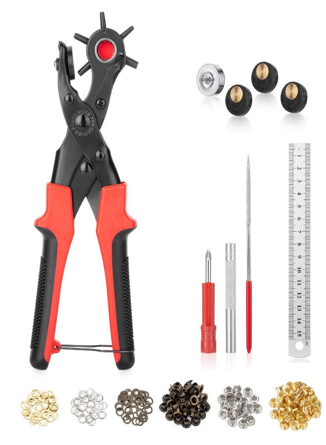 UNCO- Leather Hole Punch Tool Set, Red Handle, Multi Punch Sizes, Belt Hole Puncher for Leather, Belts, Straps, Pet Collars, Shoes, Saddles, Canvas & DIY Crafts, with Grommet Eyelet Kit 100 Set - Image 1