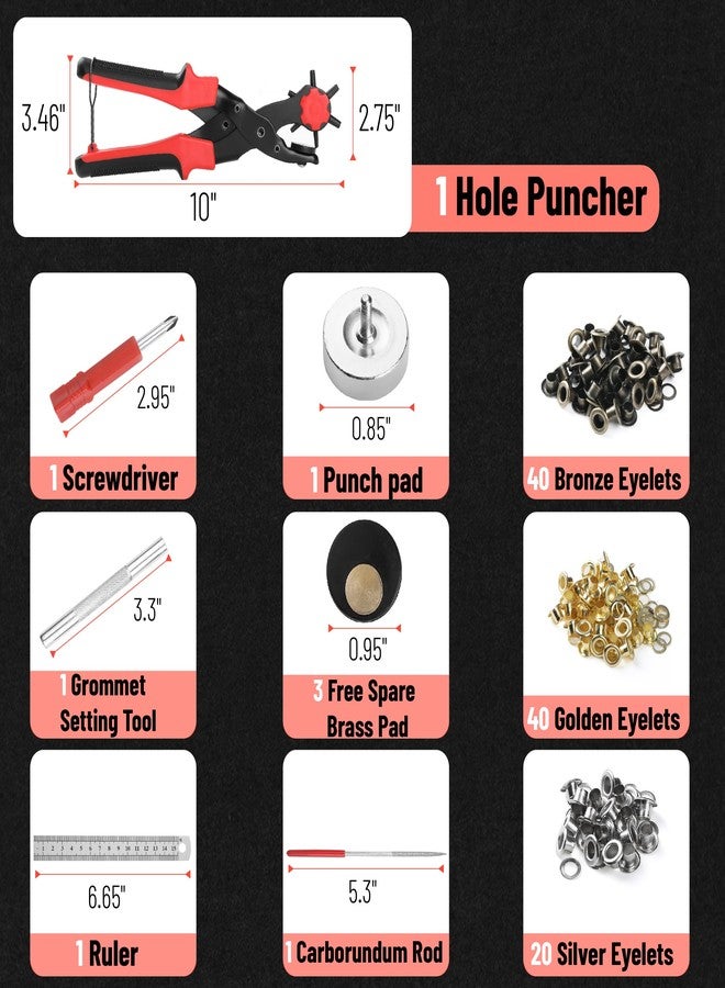UNCO- Leather Hole Punch Tool Set, Red Handle, Multi Punch Sizes, Belt Hole Puncher for Leather, Belts, Straps, Pet Collars, Shoes, Saddles, Canvas & DIY Crafts, with Grommet Eyelet Kit 100 Set - Image 2