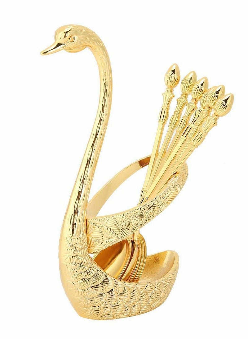 Excefore Coffee Spoon Kit with Zinc Alloy Swan Shape Holder and 6 Piece Stainless Steel Coffee Spoon Food Spoon Set for Cake Salad Cocktail Dessert Marshmallow (Gold) - Image 1