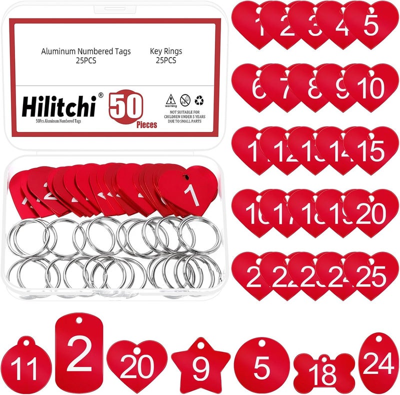 Hilitchi 50 قطعة من علامات مفاتيح ألومنيوم مرقمة 1-25، علامات تعريف معدنية حمراء على شكل قلب لسلسلة المفاتيح مع حلقات مفاتيح للترميز والتنظيم (تصميم على شكل قلب) - Image 1