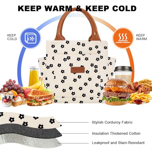 Joymee Lunch Bag Women Insulated Lunch Box Cute Corduroy Reusable Leakproof Large Capacity Lunch Tote Bag for Women Men Adult with Bottle Holder and Side Pockets for Work - Corduroy Black Floral - Image 3