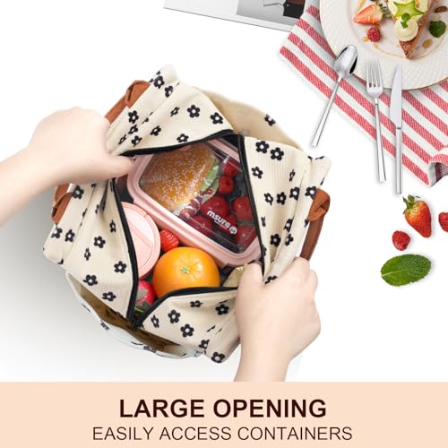 Joymee Lunch Bag Women Insulated Lunch Box Cute Corduroy Reusable Leakproof Large Capacity Lunch Tote Bag for Women Men Adult with Bottle Holder and Side Pockets for Work - Corduroy Black Floral - Image 4