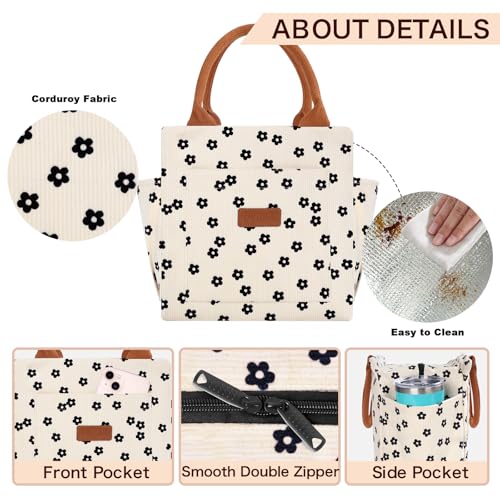 Joymee Lunch Bag Women Insulated Lunch Box Cute Corduroy Reusable Leakproof Large Capacity Lunch Tote Bag for Women Men Adult with Bottle Holder and Side Pockets for Work - Corduroy Black Floral - Image 5
