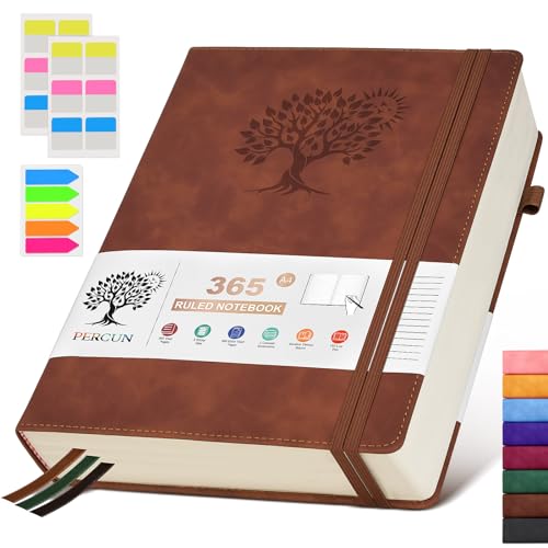 PERCUN A4 Lined Journal Notebook，365 Page Large Leather Journals for Writing Women Men，Hardcover Notebook with 100Gsm Thick Pages for Travel，Work，School，College Ruled, Daily Diary (8.5" x 11.4") - Image 1