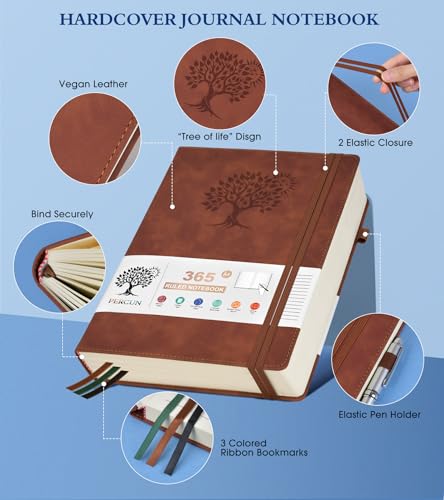 PERCUN A4 Lined Journal Notebook，365 Page Large Leather Journals for Writing Women Men，Hardcover Notebook with 100Gsm Thick Pages for Travel，Work，School，College Ruled, Daily Diary (8.5" x 11.4") - Image 3