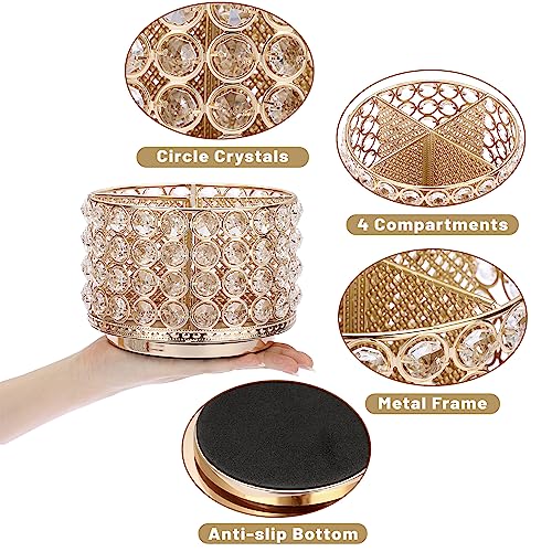 BTSKY Crystal 360 Degree Rotating Desk Organizer Decorative Storage Box with 4 Compartments, Glitter Metal Makeup Brush Holder Elegant Storage Caddy Home Decor Gift for Women, Round-4 Slots Gold - Image 4