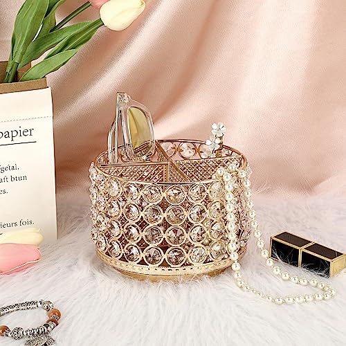 BTSKY Crystal 360 Degree Rotating Desk Organizer Decorative Storage Box with 4 Compartments, Glitter Metal Makeup Brush Holder Elegant Storage Caddy Home Decor Gift for Women, Round-4 Slots Gold - Image 3