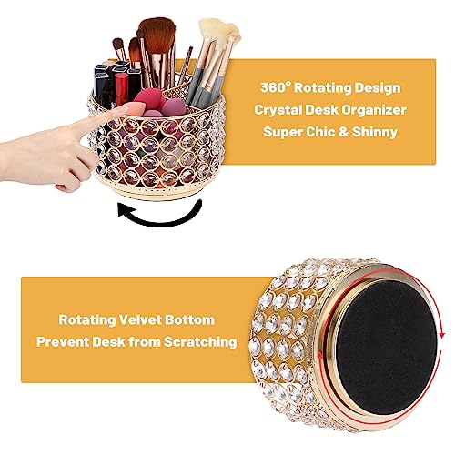 BTSKY Crystal 360 Degree Rotating Desk Organizer Decorative Storage Box with 4 Compartments, Glitter Metal Makeup Brush Holder Elegant Storage Caddy Home Decor Gift for Women, Round-4 Slots Gold - Image 2