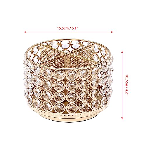 BTSKY Crystal 360 Degree Rotating Desk Organizer Decorative Storage Box with 4 Compartments, Glitter Metal Makeup Brush Holder Elegant Storage Caddy Home Decor Gift for Women, Round-4 Slots Gold - Image 5