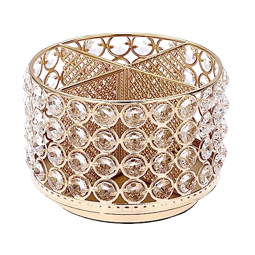 BTSKY Crystal 360 Degree Rotating Desk Organizer Decorative Storage Box with 4 Compartments, Glitter Metal Makeup Brush Holder Elegant Storage Caddy Home Decor Gift for Women, Round-4 Slots Gold - Image 1