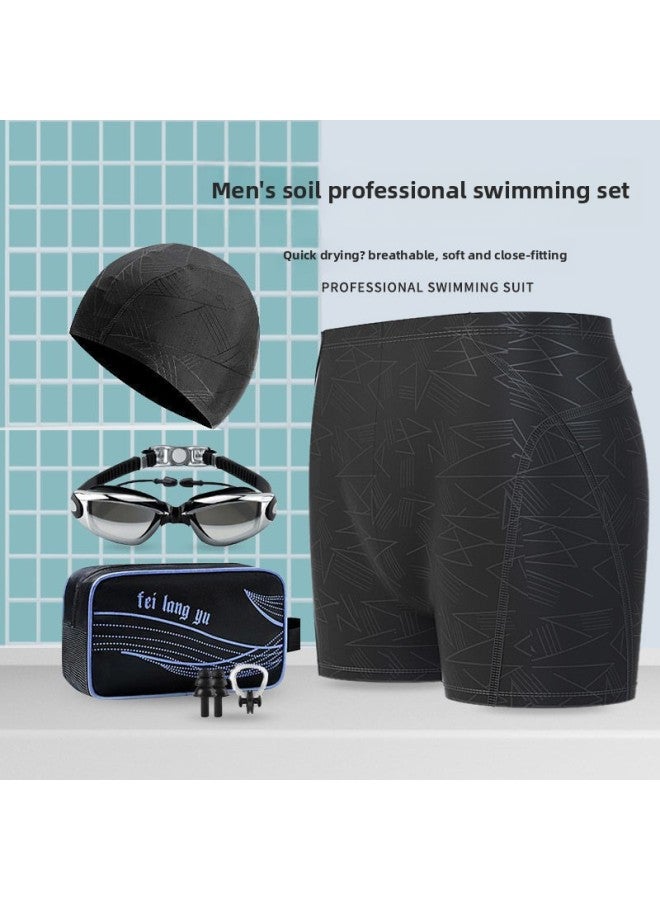 Loquat Swimming Trunks Men's Adult Anti-embarrassment Three-piece Set Teenager Quick-drying Swimsuit Large Size Shorts Men's Swimming Trunks-Color:521 Striped Five-piece Set (electroplating Goggles)- - Image 1