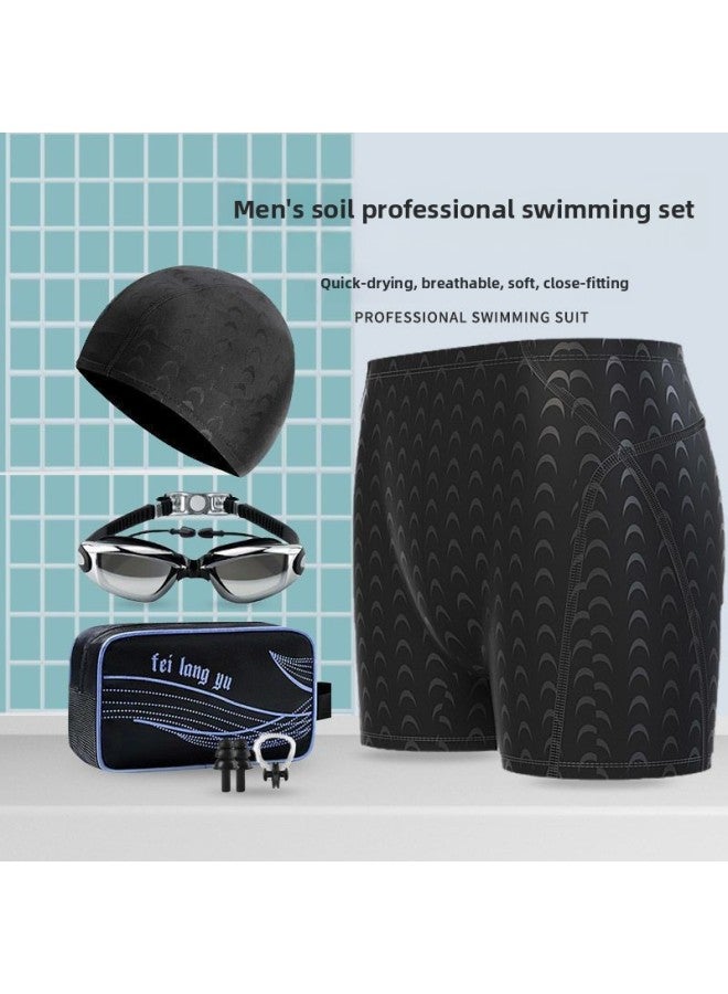 Loquat Swimming Trunks Men's Adult Anti-embarrassment Three-piece Set Teenager Quick-drying Swimsuit Large Size Shorts Men's Swimming Trunks-Color:521 Striped Five-piece Set (electroplating Goggles)- - Image 4