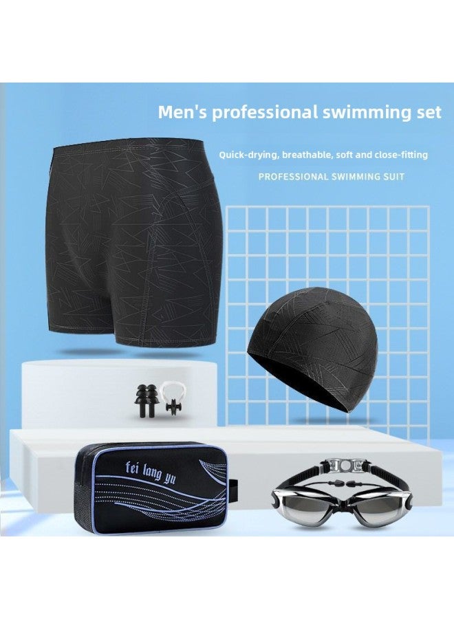 Loquat Swimming Trunks Men's Adult Anti-embarrassment Three-piece Set Teenager Quick-drying Swimsuit Large Size Shorts Men's Swimming Trunks-Color:521 Striped Five-piece Set (electroplating Goggles)- - Image 3