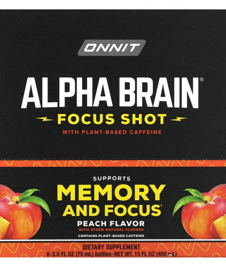 Onnit Alpha Brain Focus Shot Peach 6 Bottles 2.5 fl oz (75 ml) Each