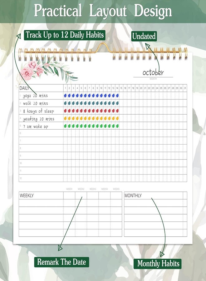 KAICN Habit Tracker Calendar - 12 Months Undated Daily Weekly & Monthly Period Habit Tracker Journal, Greenery Floral, Spiral Binding & Hanger, 7.8"x10" - Image 2