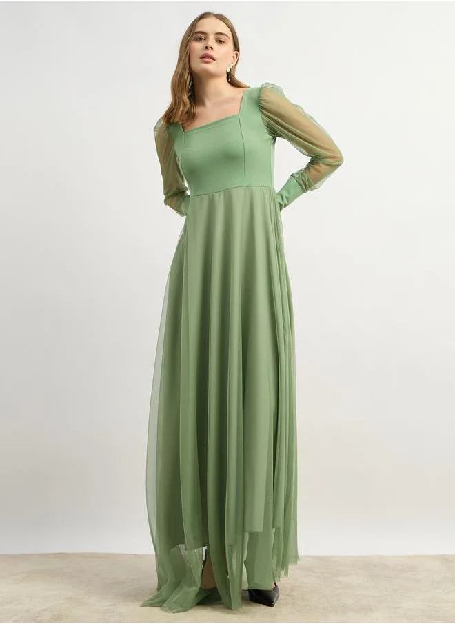 Styli Mesh Square Neck Cuffed Long Sleeve Maxi Dress