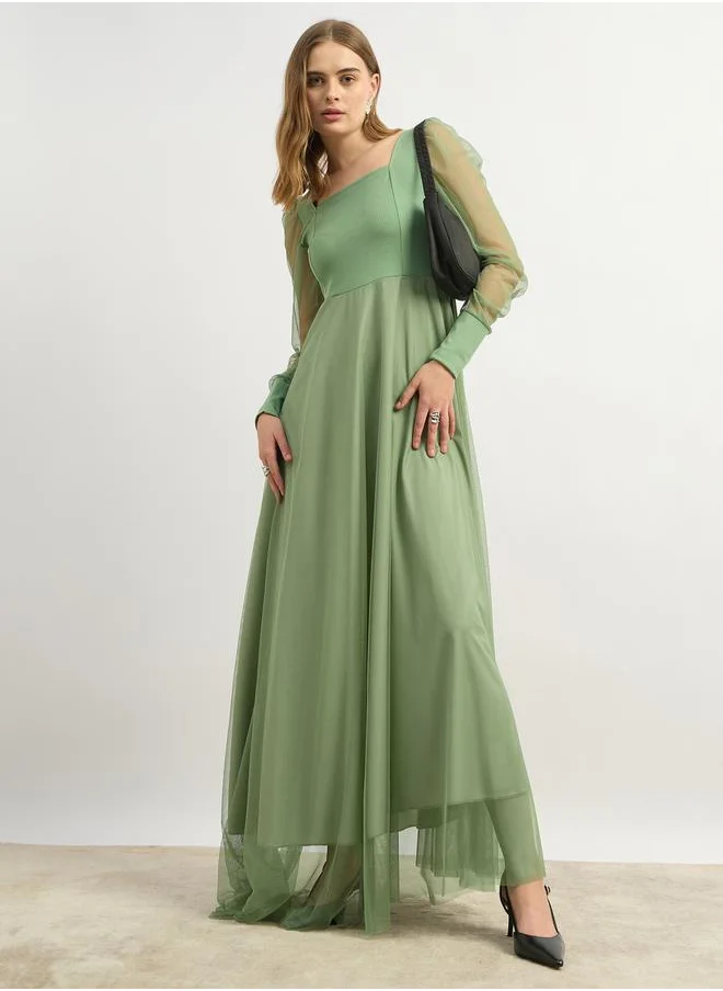 Styli Mesh Square Neck Cuffed Long Sleeve Maxi Dress