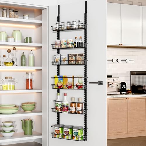 Churboro Over the Door Pantry Organizer Rack with 6 Adjustable Baskets, 6 Tiers Dual-use Spice Rack- Hanging or Wall Mount Spice Rack, Pantry Door Organizer, Black - Image 1