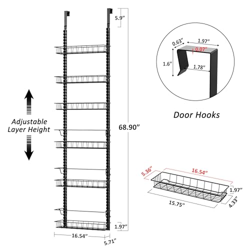 Churboro Over the Door Pantry Organizer Rack with 6 Adjustable Baskets, 6 Tiers Dual-use Spice Rack- Hanging or Wall Mount Spice Rack, Pantry Door Organizer, Black - Image 2