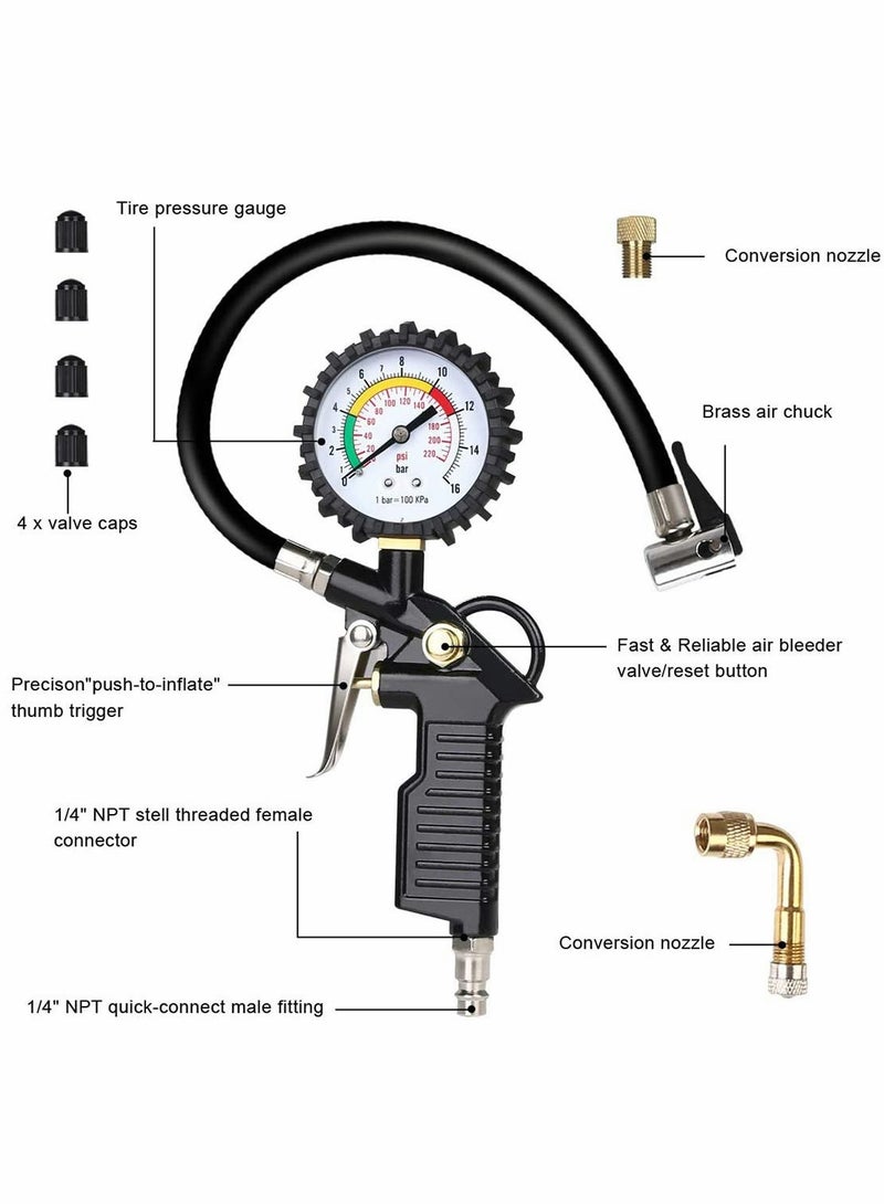 Tyre Pressure Gauge 220 PSI Inflator with Air Compressor Valve Chuck for Heavy Duty Car Motorcycle Bicycle