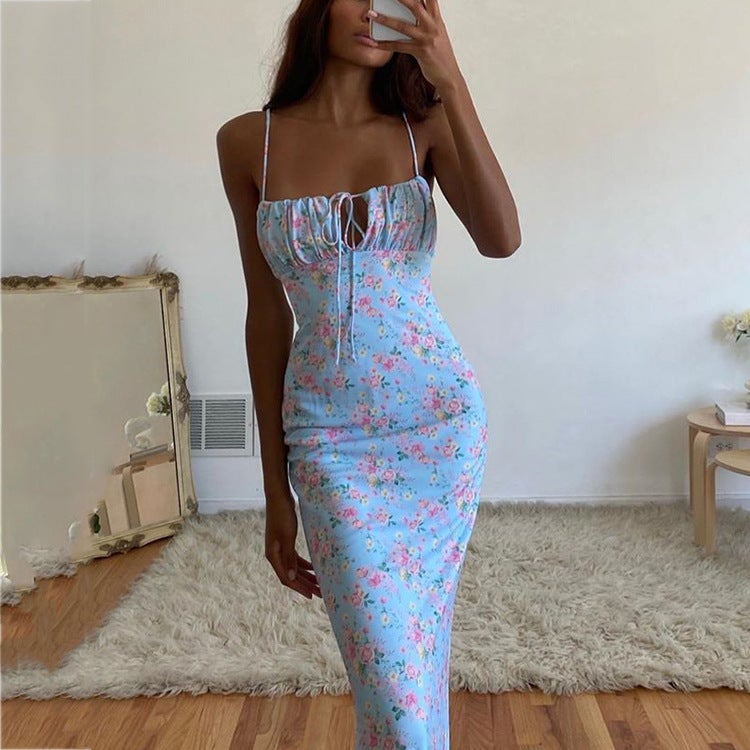 [Advanced Beauty] Four Seasons Women'S Printed Slip Dress Backless Figure Elegant Pastoral Slim Dress - Image 2