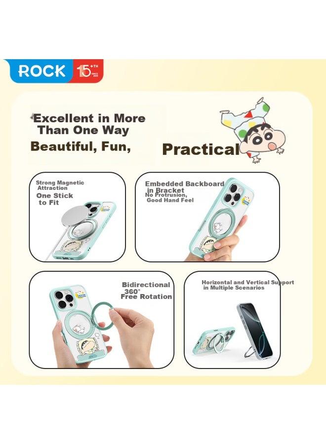 Rock Crayon Shin-Chan Apple 16Pro Phone Case Iphone 16Pro Protective Cover Magsafe Magnetic Rotating Stand Silicone Anti-Fall Full Coverage Cute Green - Image 3
