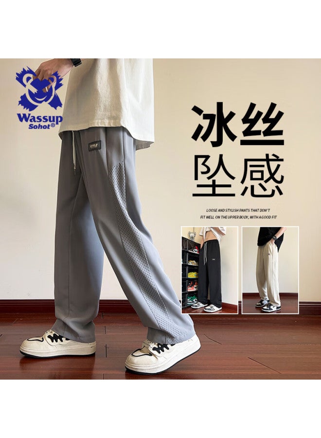 Wassup Sohot Men's Summer Ice Silk Cool Feeling Quick-drying Loose Wide Leg Straight Pants Grey XL - Image 1