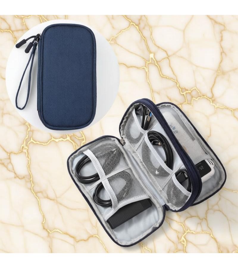 Navy Blue Double Layer Multi Functional Cable Organizer Pouch Storage Bag 7.48 Inch - Image 1