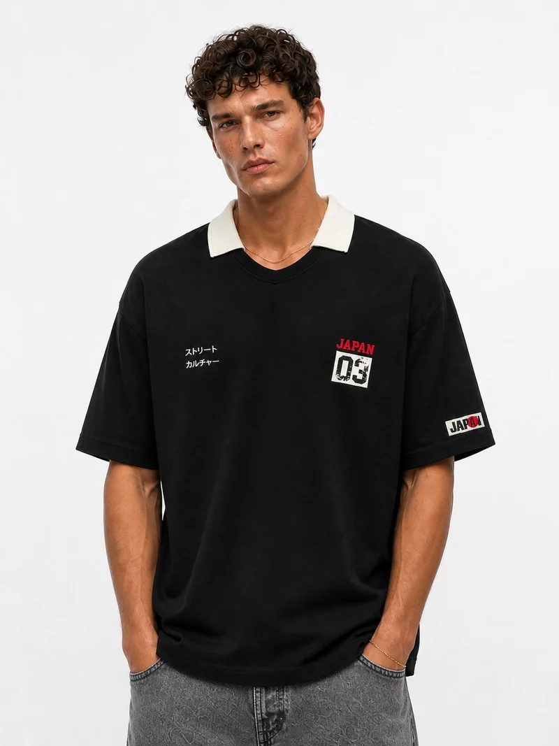 Respire Men's Oversize T-Shirt with Collar Detail, Black