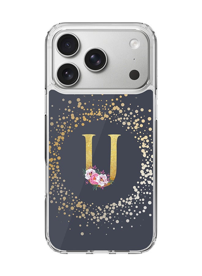 Stylizedd Classic Clear MagSafe Case for iPhone 17 Pro , Hybrid Soft Case Flexible Edges Anti Drop TPU PC Gel Thin Transparent Cover [ Designed for iPhone 17 Pro ] - Custom Monogram Initial Letter Floral Pattern Alphabet - U  (Grey )
