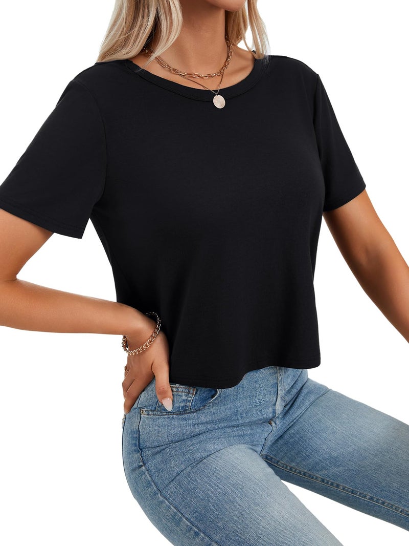 LYANER Women's Open Back Cut Out Round Neck Short Sleeve Backless Casual Workout T Shirt Black Small - Image 4
