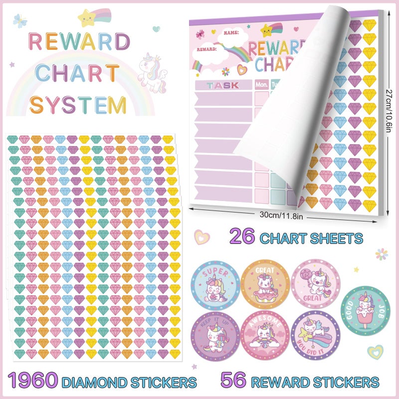 KEASKELL Reward Chart for Kids,Magnetic Behavior Chore Chart for Kids at Home,26 Little Hose Chore Charts,1960 Diamond Stickers,56 Reward Stickers,Incentive Chart to Develop Responsibility and Good Habits,Pink - Image 3